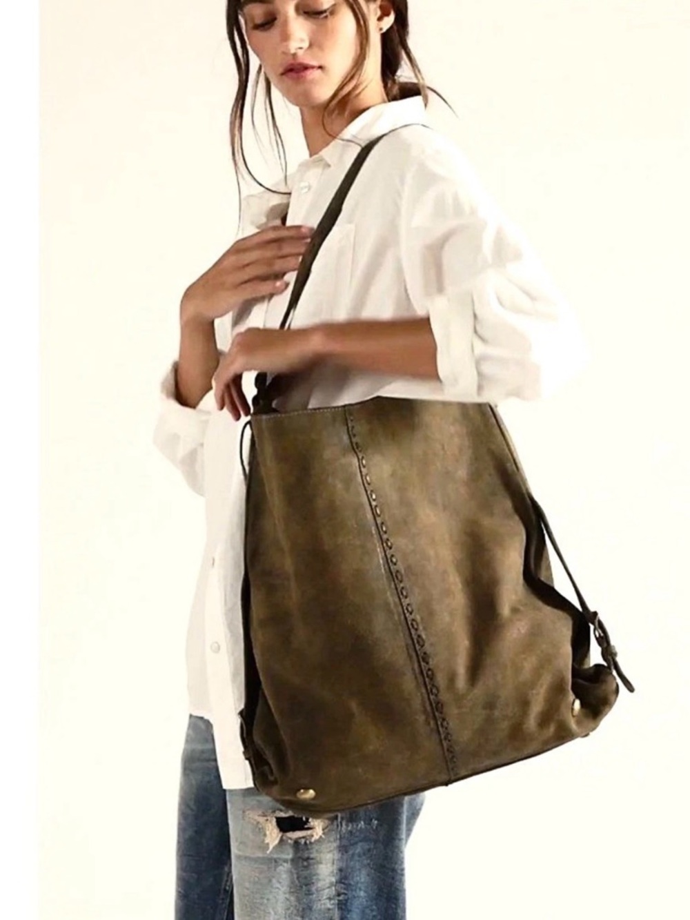 Free People We The Free Distressed Khaki Sandblast Suede Shoulder Bag Bucket - Picture 5 of 13